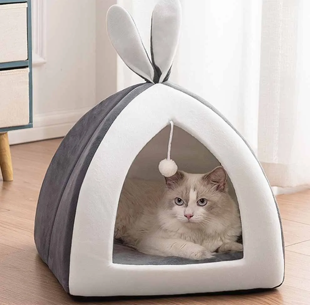 UCOZYTENT™ Soft and Warm Tent Cat Bed with Bunny Ears and Toy